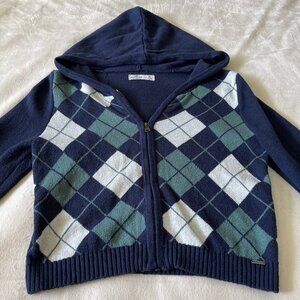 Hollister Zip Up Hooded Navy/Green Argyle Cropped Sweater - XL